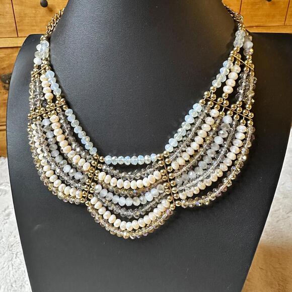 Multicolor Beaded Bib Necklace Glam Adjustable 10" Statement Piece - Picture 2 of 6